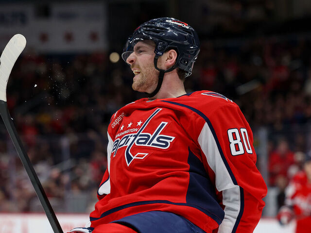 WASHINGTON, DC - FEBRUARY 5: Pierre-Luc Dubois #80 of the Washington Capitals celebrates a first period goal against the Nashville Predators at Capital One Arena on February 5, 2026 in Washington, D.C.