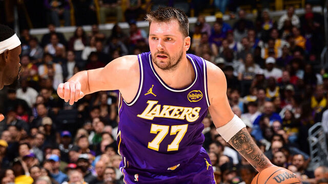 LOS ANGELES, CA - FEBRUARY 5: Luka Doncic #77 of the Los Angeles Lakers drives to the basket during the game against the Philadelphia 76ers on February 5, 2026 at Crypto.Com Arena in Los Angeles, California. NOTE TO USER: User expressly acknowledges and agrees that, by downloading and/or using this Photograph, user is consenting to the terms and conditions of the Getty Images License Agreement. Mandatory Copyright Notice: Copyright 2026 NBAE