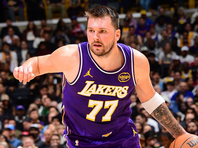 LOS ANGELES, CA - FEBRUARY 5: Luka Doncic #77 of the Los Angeles Lakers drives to the basket during the game against the Philadelphia 76ers on February 5, 2026 at Crypto.Com Arena in Los Angeles, California. NOTE TO USER: User expressly acknowledges and agrees that, by downloading and/or using this Photograph, user is consenting to the terms and conditions of the Getty Images License Agreement. Mandatory Copyright Notice: Copyright 2026 NBAE