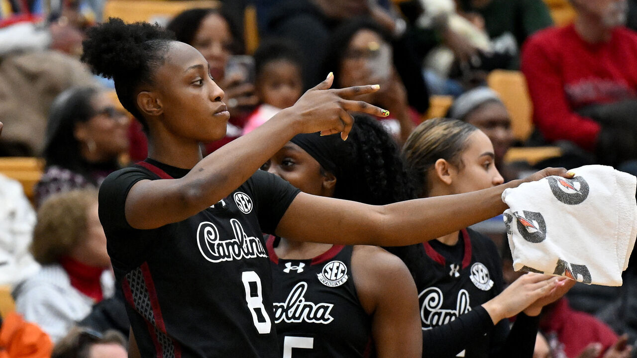 BALTIMORE, MARYLAND - JANUARY 18: Joyce Edwards #8 of the South Carolina Gamecocks celebrates during the game against the Coppin State Eagles at Physical Education Complex on January 18, 2026 in Baltimore, Maryland.