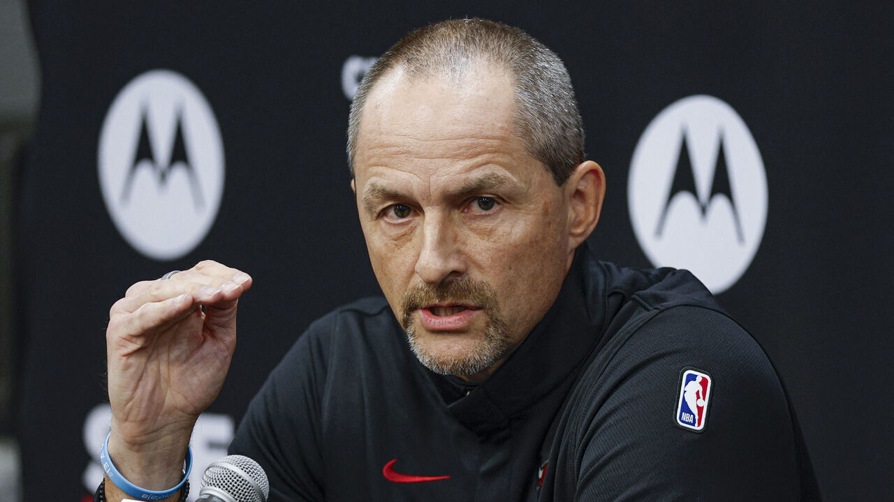 Chicago Bulls executive vice president of basketball operations Arturas Karnisovas speaks during the Chicago Bulls media day at the United Center in Chicago, Illinois on September 29, 2025.