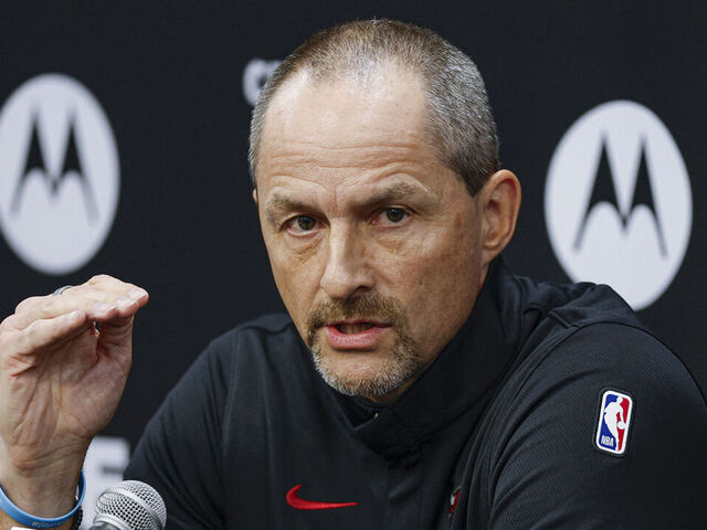 Chicago Bulls executive vice president of basketball operations Arturas Karnisovas speaks during the Chicago Bulls media day at the United Center in Chicago, Illinois on September 29, 2025.