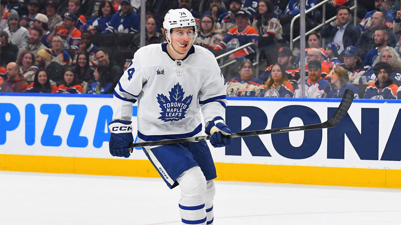 EDMONTON, CANADA - FEBRUARY 3: Bobby McMann #74 of the Toronto Maple Leafs in action during the game against the Edmonton Oilers at Rogers Place on February 3, 2026, in Edmonton, Alberta, Canada.
