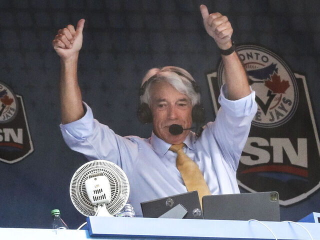 TORONTO, ON - July 26 - Former jays manager and now broadcaster Buck Martinez acknowledges the crowd on his first day back after battling cancer. The Toronto Blue Jays took on the St. Louis Cardinals in MLB baseball action at the Rogers Centre. July 26 2022 (Richard Lautens/Toronto Star via Getty Images)