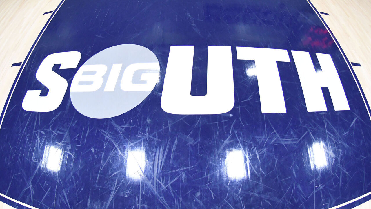 FARMVILLE, VIRGINIA - NOVEMBER 20: The Big South logo on the floor before the Jerome Kersey Classic college basketball game on November 20, 2021 in Farmville, Virginia.