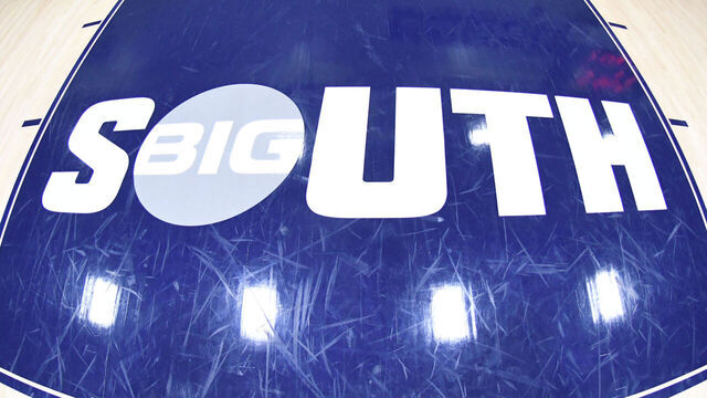 FARMVILLE, VIRGINIA - NOVEMBER 20: The Big South logo on the floor before the Jerome Kersey Classic college basketball game on November 20, 2021 in Farmville, Virginia.