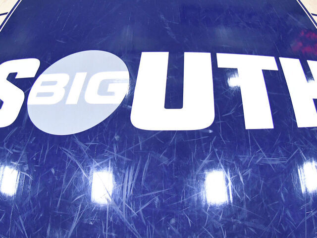 FARMVILLE, VIRGINIA - NOVEMBER 20: The Big South logo on the floor before the Jerome Kersey Classic college basketball game on November 20, 2021 in Farmville, Virginia.