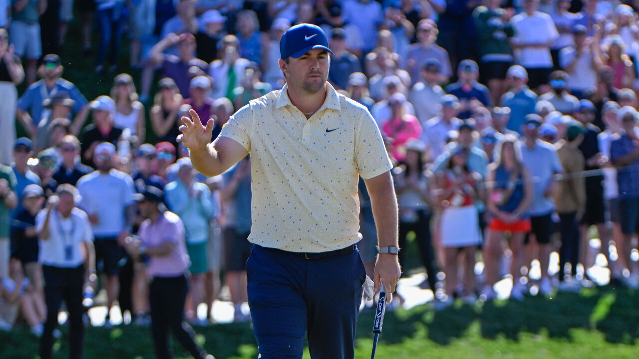 SCOTTSDALE, AZ - FEBRUARY 05: Chris Gotterup (USA) after sinking his birdie putt on 18 during the first round of the Waste Management Phoenix Open on February 5, 2026, at TPC Scottsdale, Scottsdale, Arizona.