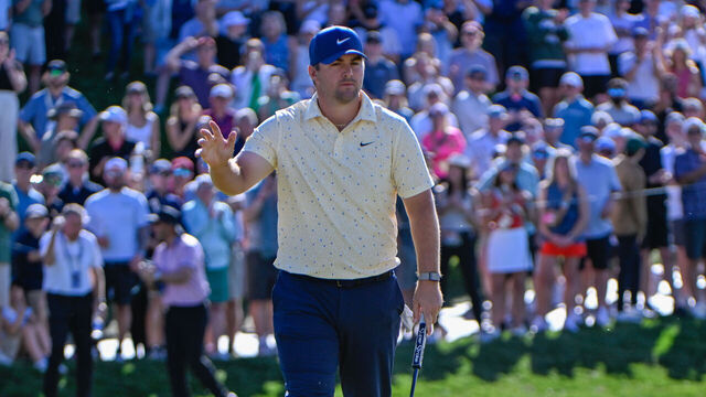 SCOTTSDALE, AZ - FEBRUARY 05: Chris Gotterup (USA) after sinking his birdie putt on 18 during the first round of the Waste Management Phoenix Open on February 5, 2026, at TPC Scottsdale, Scottsdale, Arizona.