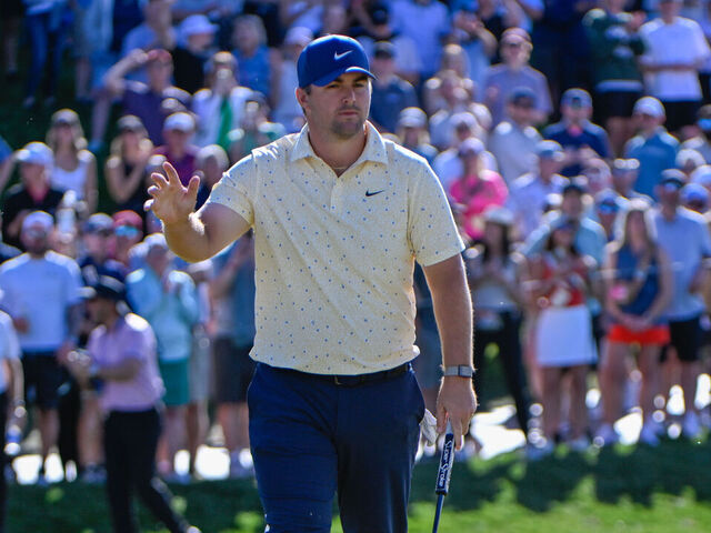 SCOTTSDALE, AZ - FEBRUARY 05: Chris Gotterup (USA) after sinking his birdie putt on 18 during the first round of the Waste Management Phoenix Open on February 5, 2026, at TPC Scottsdale, Scottsdale, Arizona.