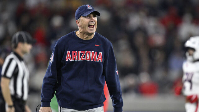SAN DIEGO, CALIFORNIA - JANUARY 02: Head coach Brent Brennan of the Arizona Wildcats reacts on the sideline during the second half of the Trust & Will Holiday Bowl game against the Southern Methodist University Mustangs at Snapdragon Stadium on January 02, 2026 in San Diego, California.