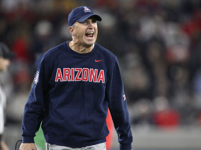 SAN DIEGO, CALIFORNIA - JANUARY 02: Head coach Brent Brennan of the Arizona Wildcats reacts on the sideline during the second half of the Trust & Will Holiday Bowl game against the Southern Methodist University Mustangs at Snapdragon Stadium on January 02, 2026 in San Diego, California.