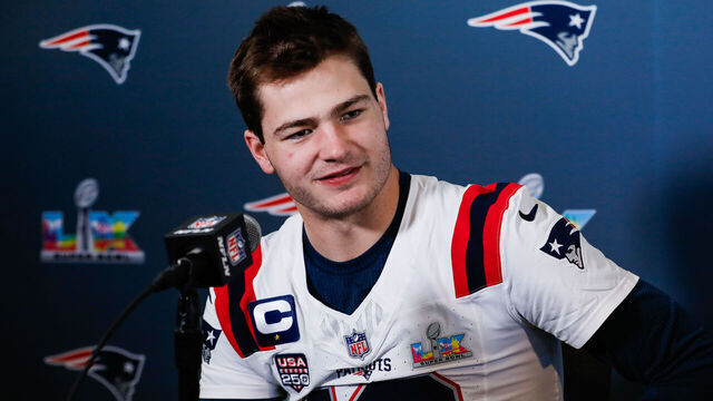 Drake Maye of the New England Patriots during a press conference in San Jose, California. Picture date: Wednesday February 4, 2026.