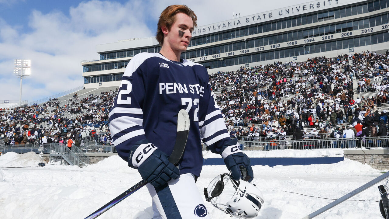 STATE COLLEGE, PENNSYLVANIA - JANUARY 31: Gavin McKenna #72 of the Penn State Nittany Lions walks off the ice before a game against the Michigan State Spartans during NCAA men's hockey at the West Shore Home Field at Beaver Stadium on January 31, 2026 in State College, Pennsylvania. The Spartans won 5-4 in overtime.