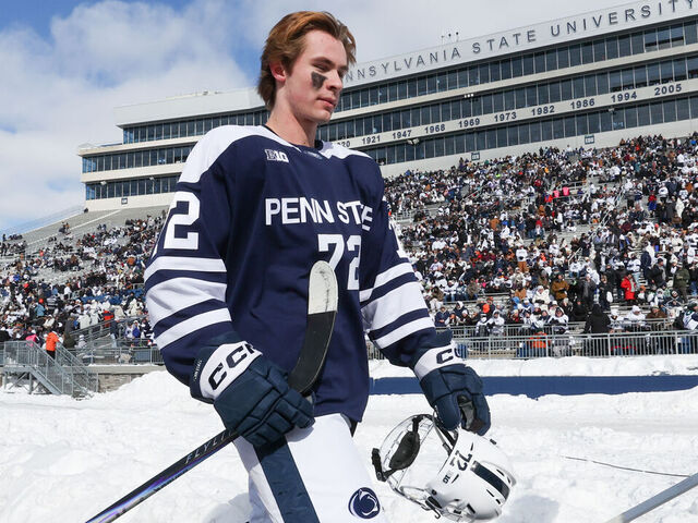 STATE COLLEGE, PENNSYLVANIA - JANUARY 31: Gavin McKenna #72 of the Penn State Nittany Lions walks off the ice before a game against the Michigan State Spartans during NCAA men's hockey at the West Shore Home Field at Beaver Stadium on January 31, 2026 in State College, Pennsylvania. The Spartans won 5-4 in overtime.