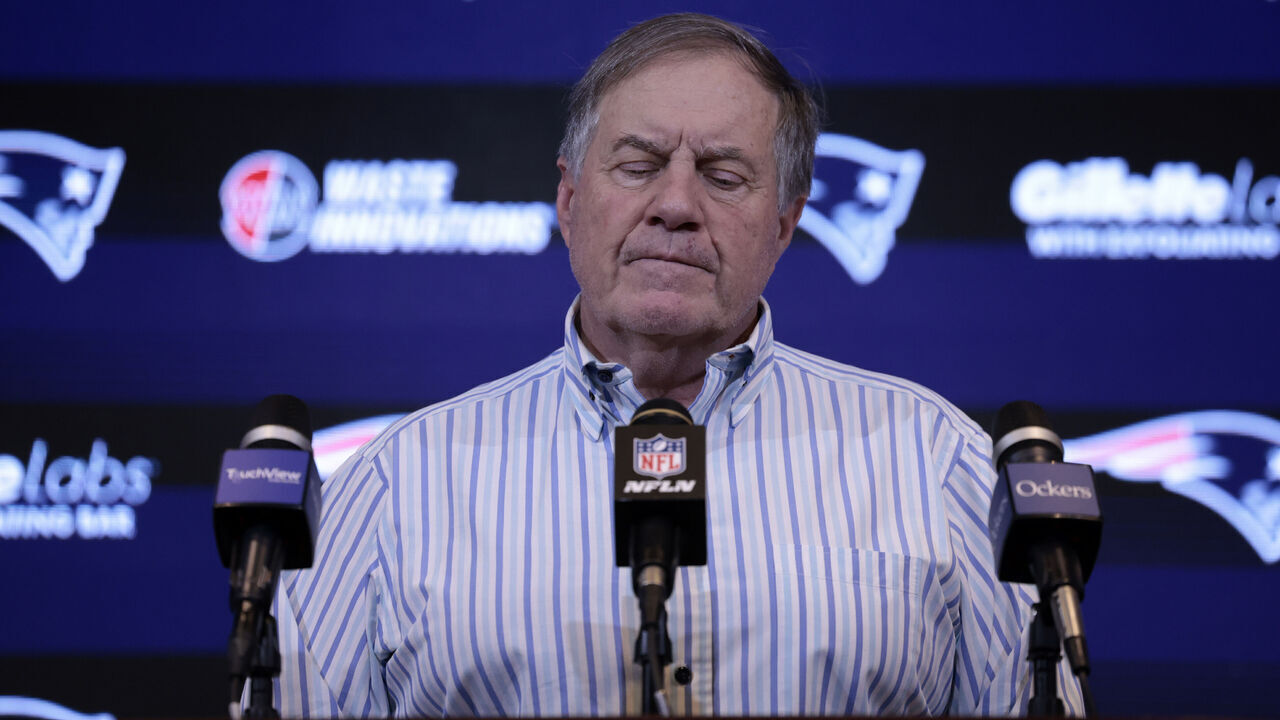 FOXBOROUGH, MA - JANUARY 07: New England Patriots head coach Bill Belichick after a game between the New England Patriots and the New York Jets on January 7, 2024, at Gillette Stadium in Foxborough, Massachusetts.