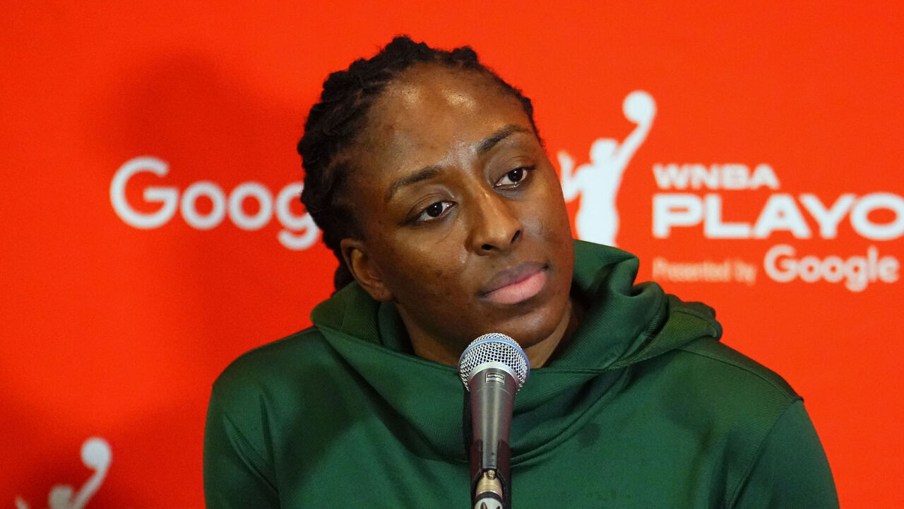 LAS VEGAS, NV - SEPTEMBER 18: Nneka Ogwumike #3 of the Seatttle Storm talks to the media after the game against the Las Vegas Aces on September 18, 2025 at Michelob ULTRA Arena n Las Vegas, Nevada. Mandatory Copyright Notice: Copyright 2025 NBAE