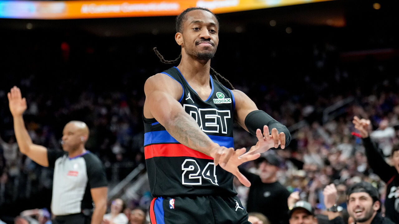 DETROIT, MICHIGAN - FEBRUARY 06: Daniss Jenkins #24 of the Detroit Pistons reacts after making a 3-point basket against the New York Knicks during the second quarter at Little Caesars Arena on February 06, 2026 in Detroit, Michigan.