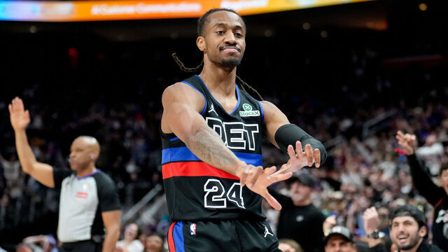 DETROIT, MICHIGAN - FEBRUARY 06: Daniss Jenkins #24 of the Detroit Pistons reacts after making a 3-point basket against the New York Knicks during the second quarter at Little Caesars Arena on February 06, 2026 in Detroit, Michigan.