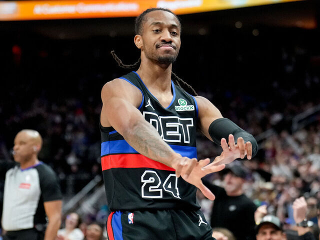 DETROIT, MICHIGAN - FEBRUARY 06: Daniss Jenkins #24 of the Detroit Pistons reacts after making a 3-point basket against the New York Knicks during the second quarter at Little Caesars Arena on February 06, 2026 in Detroit, Michigan.