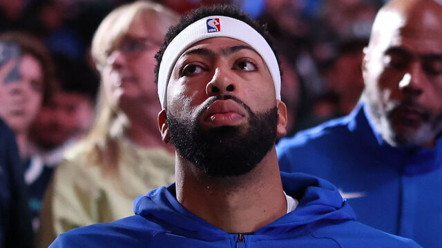 DALLAS, TEXAS - JANUARY 01: Anthony Davis #3 of the Dallas Mavericks sits on his team's bench prior to the game against the Philadelphia 76ers at American Airlines Center on January 01, 2026 in Dallas, Texas.