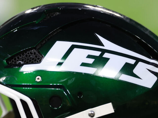 GREEN BAY, WISCONSIN - AUGUST 09: A detailed view of the New York Jets logo on a helmet in the game against the Green Bay Packers during the NFL Preseason 2025 game at Lambeau Field on August 09, 2025 in Green Bay, Wisconsin.