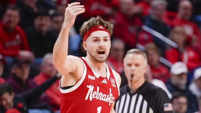 PISCATAWAY, NEW JERSEY - FEBRUARY 7: Sam Hoiberg #1 of the Nebraska Cornhuskers gestures to teammates while playing the Rutgers Scarlet Knights at Jersey Mike's Arena on February 7, 2026 in Piscataway, New Jersey.