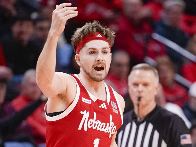PISCATAWAY, NEW JERSEY - FEBRUARY 7: Sam Hoiberg #1 of the Nebraska Cornhuskers gestures to teammates while playing the Rutgers Scarlet Knights at Jersey Mike's Arena on February 7, 2026 in Piscataway, New Jersey.