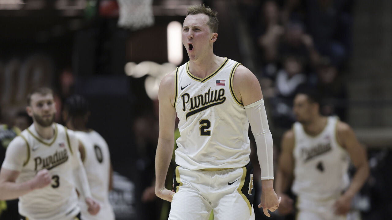 WEST LAFAYETTE, IN - FEBRUARY 07: Purdue Boilermakers guard Fletcher Loyer (2) reacts after connecting on a three pointer late in the second half of play during a men's college basketball game between the Oregon Ducks and the Purdue Boilermakers on February 07, 2026 at Mackey Arena in West Lafayette, IN.