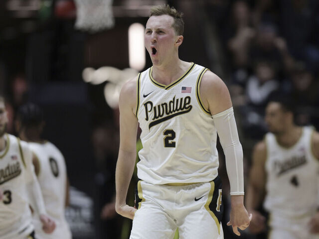 WEST LAFAYETTE, IN - FEBRUARY 07: Purdue Boilermakers guard Fletcher Loyer (2) reacts after connecting on a three pointer late in the second half of play during a men's college basketball game between the Oregon Ducks and the Purdue Boilermakers on February 07, 2026 at Mackey Arena in West Lafayette, IN.