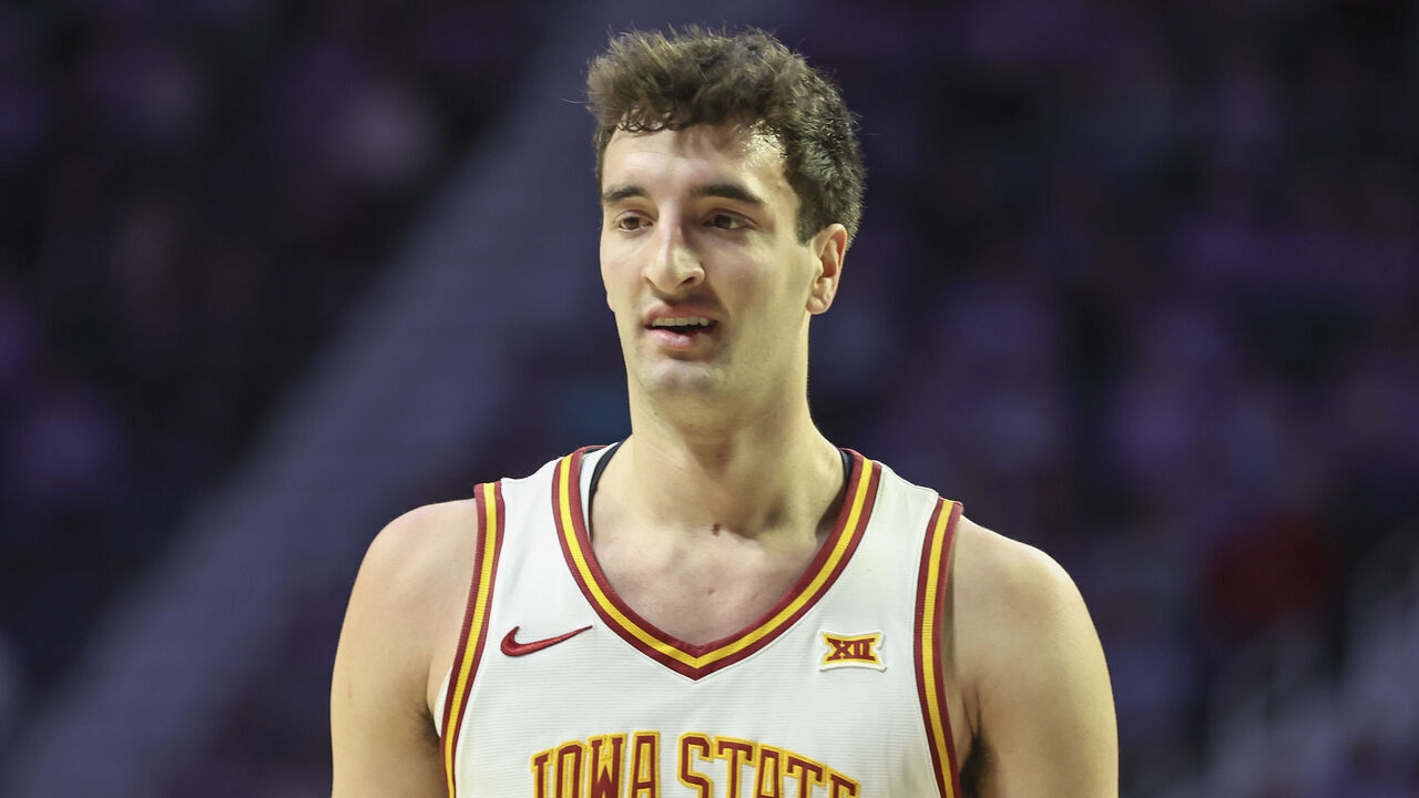 MANHATTAN, KS - FEBRUARY 01: Milan Momcilovic #22 of the Iowa State Cyclones in the first half of a Big 12 game between the Iowa State Cyclones and Kansas State Wildcats on February 1, 2026 at Bramlage Coliseum in Manhattan, KS.