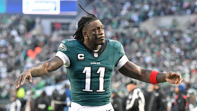 PHILADELPHIA, PA - JANUARY 11: Philadelphia Eagles wide receiver A.J. Brown #11 engages the crowd during the NFL Wild Card game between the San Fransisco 49ers and the Philadelphia Eagles on January 11th, 2026 at Lincoln Financial Field in Philadelphia, PA.