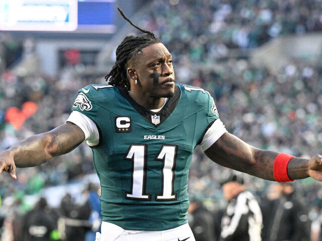 PHILADELPHIA, PA - JANUARY 11: Philadelphia Eagles wide receiver A.J. Brown #11 engages the crowd during the NFL Wild Card game between the San Fransisco 49ers and the Philadelphia Eagles on January 11th, 2026 at Lincoln Financial Field in Philadelphia, PA.