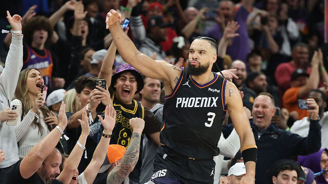 PHOENIX, ARIZONA - JANUARY 04: Dillon Brooks #3 of the Phoenix Suns celebrates after hitting a three-point shot against the Oklahoma City Thunder during the second half of the NBA game at Mortgage Matchup Center on January 04, 2026 in Phoenix, Arizona. The Suns defeated the Thunder 108-105.