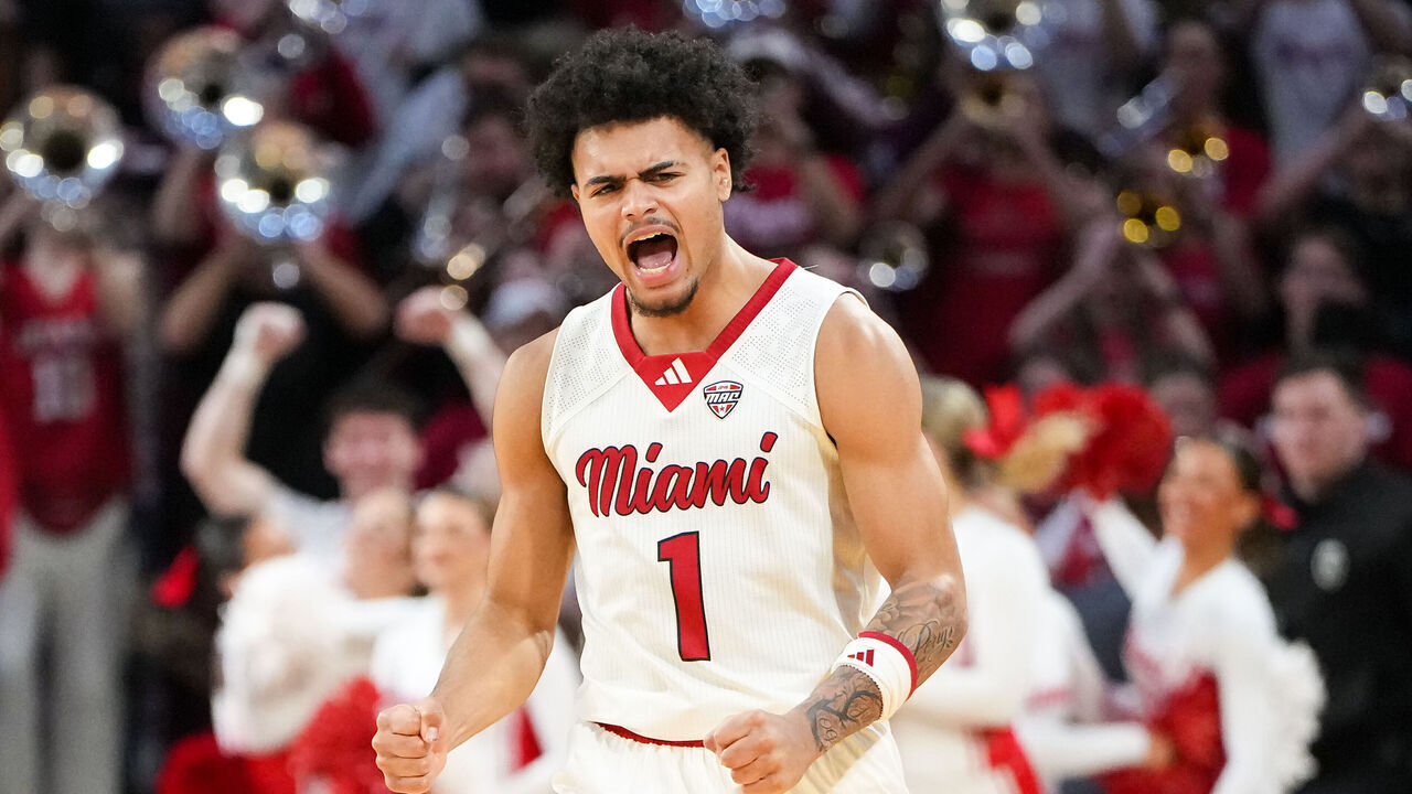 OXFORD, OHIO - JANUARY 27: Trey Perry #1 of the Miami (OH) RedHawks celebrates after beating the UMass Minutemen 86-84 at Millett Hall on January 27, 2026 in Oxford, Ohio.