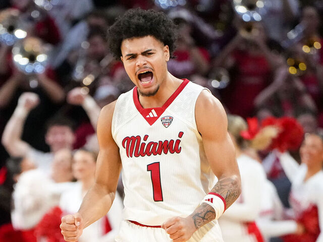 OXFORD, OHIO - JANUARY 27: Trey Perry #1 of the Miami (OH) RedHawks celebrates after beating the UMass Minutemen 86-84 at Millett Hall on January 27, 2026 in Oxford, Ohio.