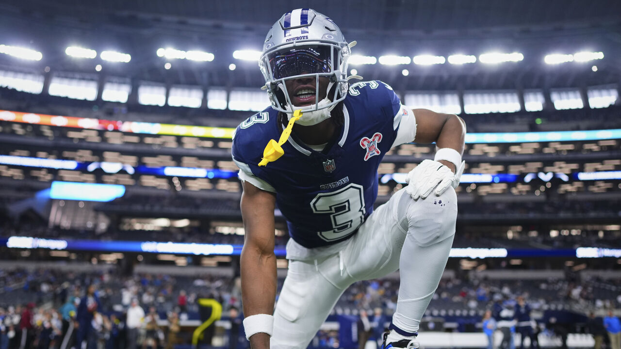 ARLINGTON, TX - DECEMBER 21: George Pickens #3 of the Dallas Cowboys warms up before kickoff against the Los Angeles Chargers during an NFL football game at AT&T Stadium on December 21, 2025 in Arlington, Texas.
