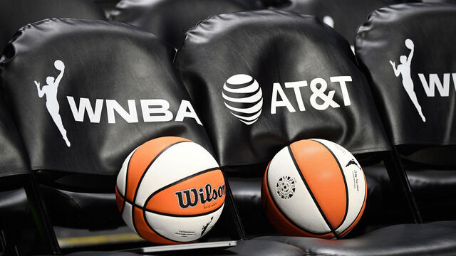 UNCASVILLE, CT - JULY 28: A general view of chairs with the WNBA logo and the AT&T logo and two WNBA basketballs before a WNBA game between the Seattle Storm and the Connecticut Sun on July 28, 2025, at Mohegan Sun Arena in Uncasville, CT.