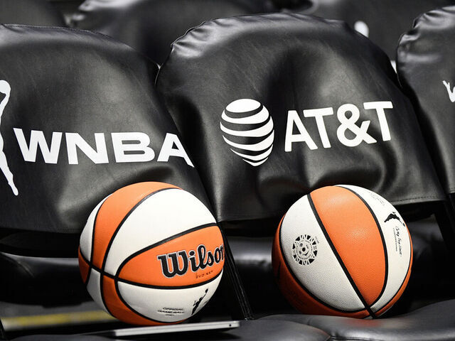 UNCASVILLE, CT - JULY 28: A general view of chairs with the WNBA logo and the AT&T logo and two WNBA basketballs before a WNBA game between the Seattle Storm and the Connecticut Sun on July 28, 2025, at Mohegan Sun Arena in Uncasville, CT.