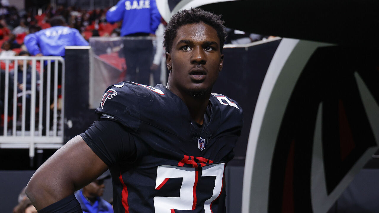 ATLANTA, GEORGIA - DECEMBER 7: James Pearce Jr. #27 of the Atlanta Falcons looks on prior to the game against the Seattle Seahawks at Mercedes-Benz Stadium on December 7, 2025 in Atlanta, United States.
