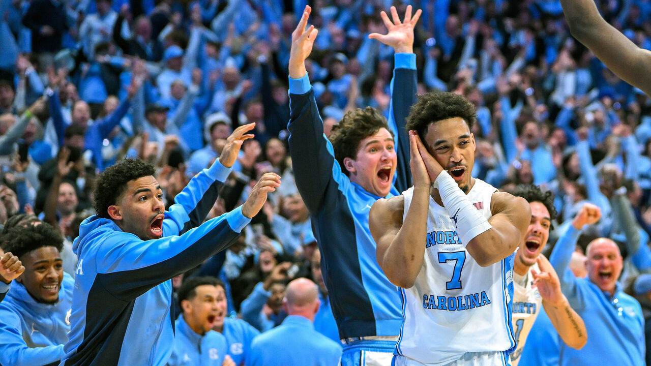 CHAPEL HILL, NORTH CAROLINA - FEBRUARY 07: Seth Trimble #7 of the North Carolina Tar Heels reacts after making the game-winning shot against the Duke Blue Devils during the second half of the game at Dean E. Smith Center on February 07, 2026 in Chapel Hill, North Carolina.