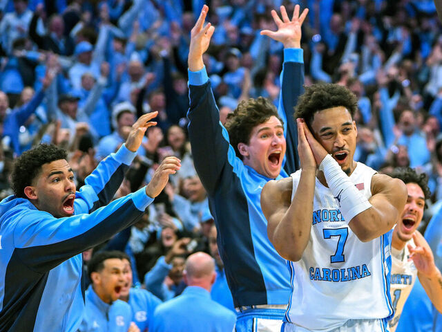 CHAPEL HILL, NORTH CAROLINA - FEBRUARY 07: Seth Trimble #7 of the North Carolina Tar Heels reacts after making the game-winning shot against the Duke Blue Devils during the second half of the game at Dean E. Smith Center on February 07, 2026 in Chapel Hill, North Carolina.
