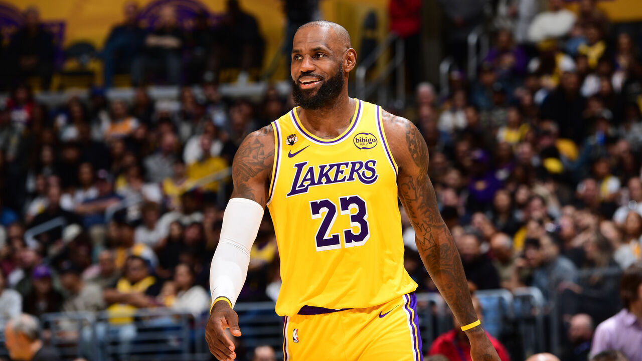 LOS ANGELES, CA - FEBRUARY 7: LeBron James #23 of the Los Angeles Lakers smiles during the game against the Golden State Warriors on February 7, 2026 at Crypto.Com Arena in Los Angeles, California. NOTE TO USER: User expressly acknowledges and agrees that, by downloading and/or using this Photograph, user is consenting to the terms and conditions of the Getty Images License Agreement. Mandatory Copyright Notice: Copyright 2026 NBAE