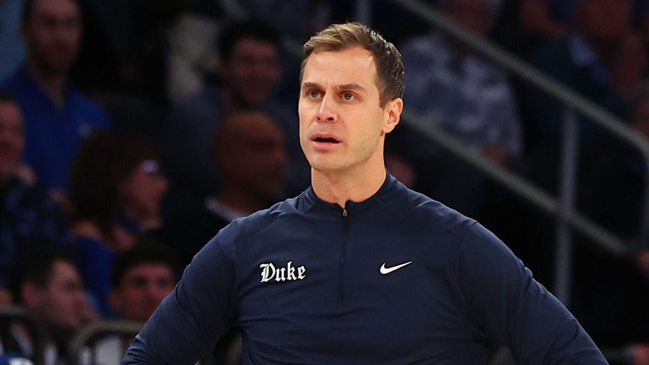 NEW YORK, NY - DECEMBER 20: Jon Scheyer of the Duke Blue Devils during the SentinelOne Classic game against the Texas Tech Red Raiders on December 20, 2025 at Madison Square Garden in New York.