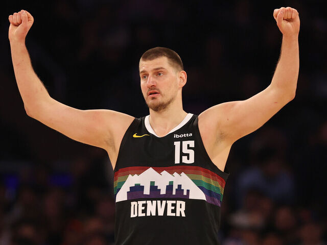 NEW YORK, NEW YORK - FEBRUARY 04: Nikola Jokic #15 of the Denver Nuggets reacts during the first quarter against the New York Knicks at Madison Square Garden on February 04, 2026 in New York City.