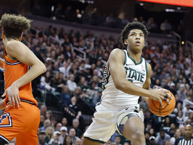 EAST LANSING, MICHIGAN - FEBRUARY 7: Jeremy Fears Jr. #1 of the Michigan State Spartans shoots a lay up during the first half against the Illinois Fighting Illini at Breslin Center on February 7, 2026 in East Lansing, Michigan.