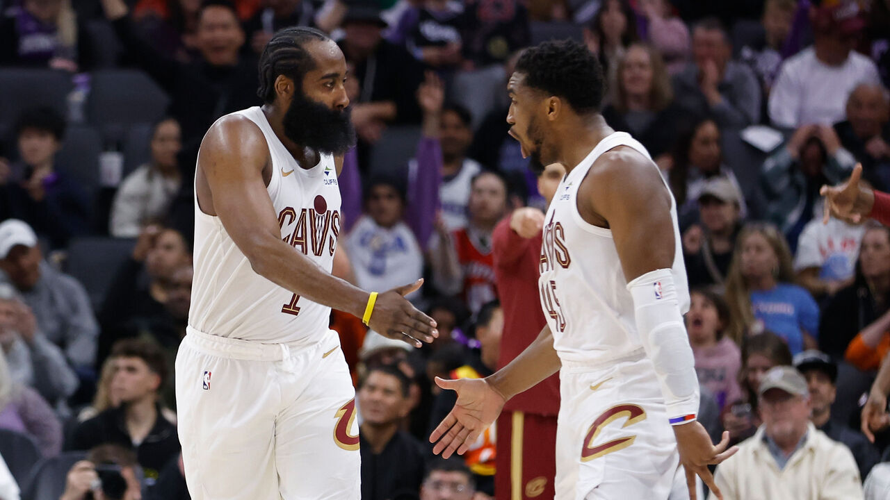 SACRAMENTO, CALIFORNIA - FEBRUARY 07: James Harden #1 of the Cleveland Cavaliers celebrates with Donovan Mitchell #45 after making a three-point shot in the fourth quarter against the Sacramento Kings at Golden 1 Center on February 07, 2026 in Sacramento, California.