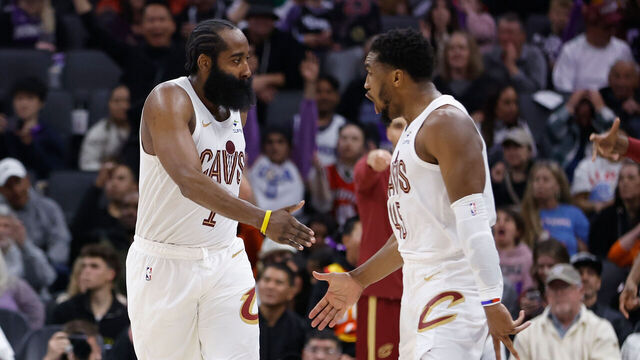 SACRAMENTO, CALIFORNIA - FEBRUARY 07: James Harden #1 of the Cleveland Cavaliers celebrates with Donovan Mitchell #45 after making a three-point shot in the fourth quarter against the Sacramento Kings at Golden 1 Center on February 07, 2026 in Sacramento, California.