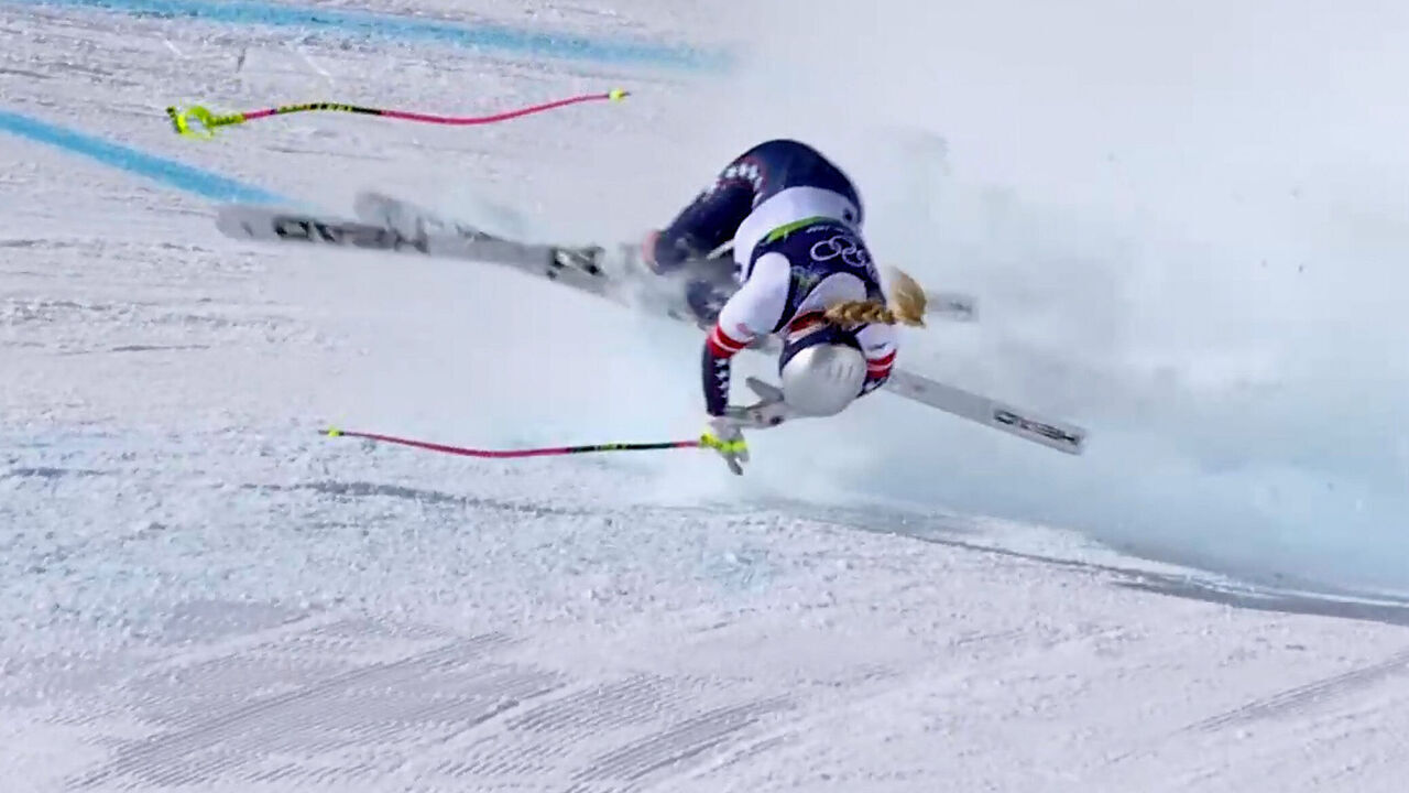 CORTINA D'AMPEZZO, ITALY - FEBRUARY 08: (EDITOR’S NOTE: This Handout image/clip was provided by a third-party organization and may not adhere to Getty Images’ editorial policy.) Lindsey Vonn of Team United States crashes during the Women's Downhill on day two of the Milano Cortina 2026 Winter Olympics at Tofane Alpine Skiing Centre on February 08, 2026 in Cortina d'Ampezzo, Italy. (Screengrab by IOC via Getty Images)