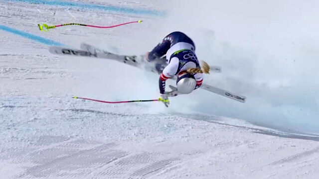 CORTINA D'AMPEZZO, ITALY - FEBRUARY 08: (EDITOR’S NOTE: This Handout image/clip was provided by a third-party organization and may not adhere to Getty Images’ editorial policy.) Lindsey Vonn of Team United States crashes during the Women's Downhill on day two of the Milano Cortina 2026 Winter Olympics at Tofane Alpine Skiing Centre on February 08, 2026 in Cortina d'Ampezzo, Italy. (Screengrab by IOC via Getty Images)